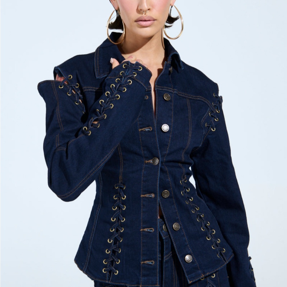 🔥 AKIRA That’s On Me Navy Eyelet Denim Jean Set - Picture 7 of 10